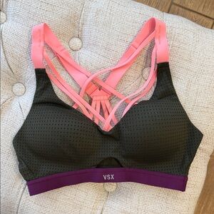 Victoria’s Secret VSX Olive Green Sports Bra with Coral and Purple Accents 32B
